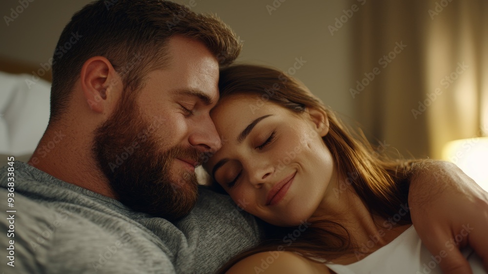 A man and a woman are cuddling and smiling A man and a woman are cuddling and smiling