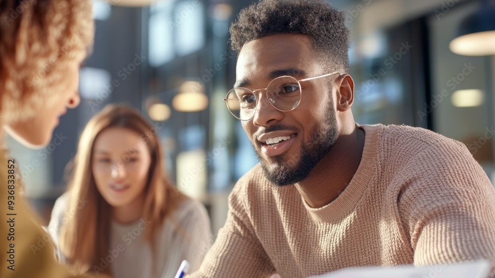 A man with glasses is smiling at two other people A man with glasses is smiling at two other people