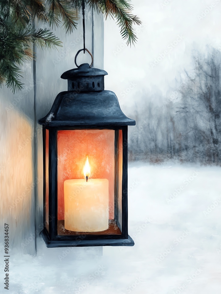 A charming lantern illuminating a winter scene with a glowing candle, perfect for evoking warmth and nostalgia in cold weather. A charming lantern illuminating a winter scene with a glowing candle, perfect for evoking warmth and nostalgia in cold weather.
