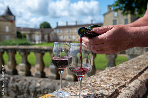 Glasses of french dry red wine in old wine domain on Graves vineyards in Portets village and old castle on background, Bordeaux, France photo