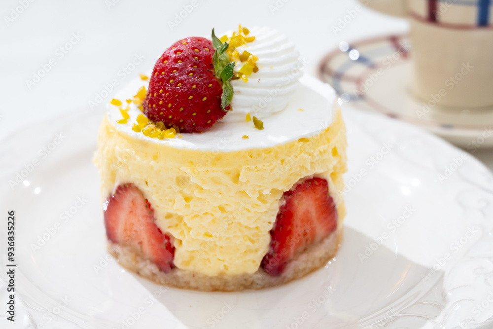 Red fruit sweet dessert cheesecake tart with fresh strawberries in bakery Red fruit sweet dessert cheesecake tart with fresh strawberries in bakery