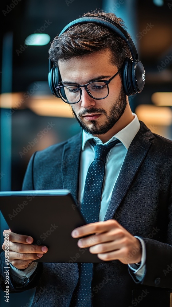 A young man in formal attire focuses on streaming a TV show on his tablet while seated in an office environment A young man in formal attire focuses on streaming a TV show on his tablet while seated in an office environment