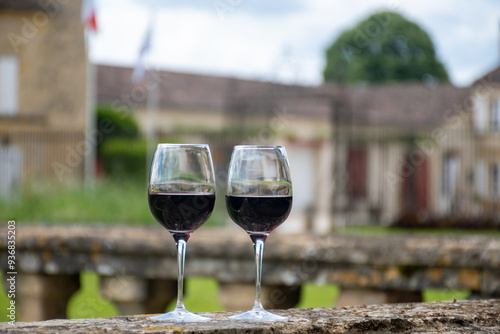 Glasses of french dry red wine in old wine domain on Graves vineyards in Portets village and old castle on background, Bordeaux, France photo