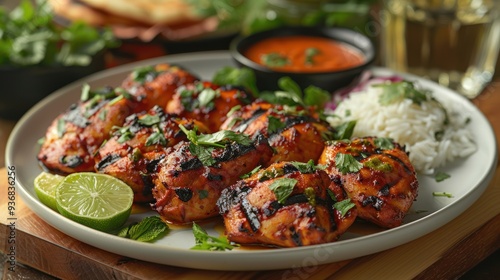 Tandoori Chicken with Basmati Rice, Naan Bread, and Mint Chutney on White Plate