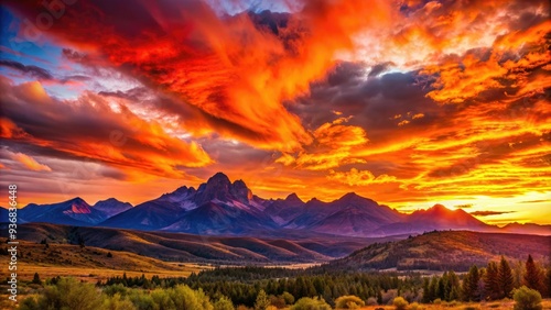 Vibrant orange and pink hues illuminate the sky as the sun sets behind a rugged mountain range, casting a warm glow over the serene landscape.