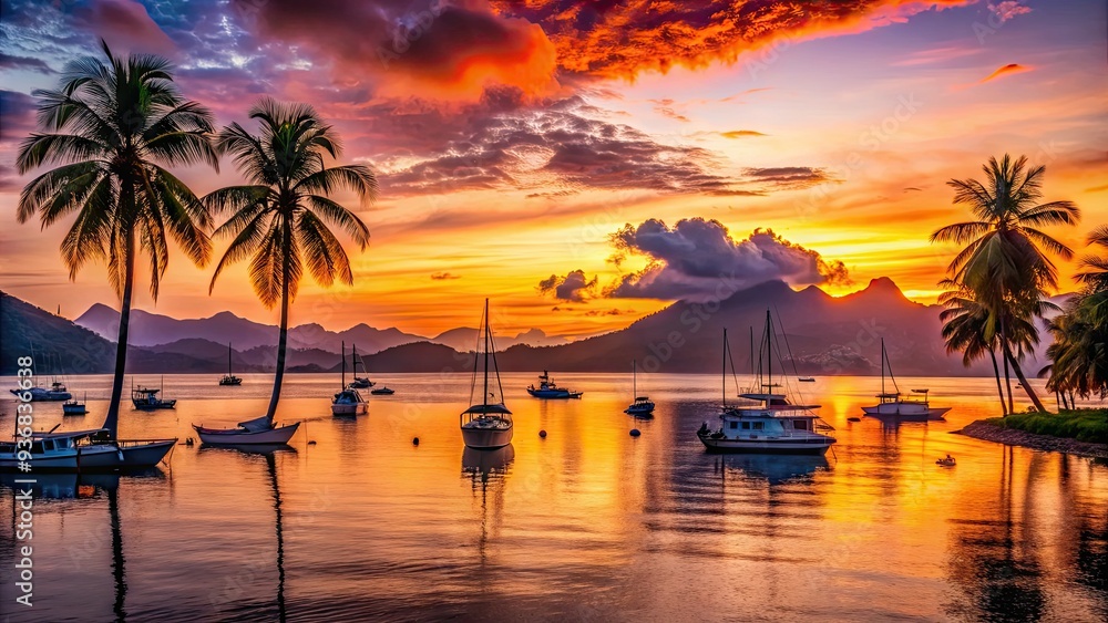 Vibrant orange and pink hues illuminate the sky as palm trees, boats, and mountain ranges cast striking silhouettes against a serene coastal sunset backdrop. Vibrant orange and pink hues illuminate the sky as palm trees, boats, and mountain ranges cast striking silhouettes against a serene coastal sunset backdrop.