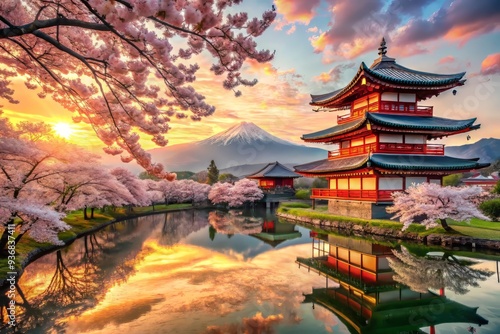 Wallpaper Mural Softly falls the dawn's golden light upon the tranquil scene, where delicate cherry blossoms dance amidst gentle hues of pink and white. Torontodigital.ca