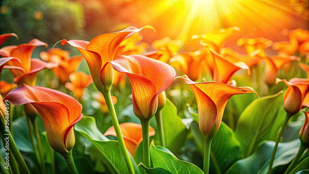Vibrant orange calla lilies surrounded by lush greenery and delicate tendrils, illuminated by soft warm light, evoke a sense of serenity and tropical elegance. Vibrant orange calla lilies surrounded by lush greenery and delicate tendrils, illuminated by soft warm light, evoke a sense of serenity and tropical elegance.