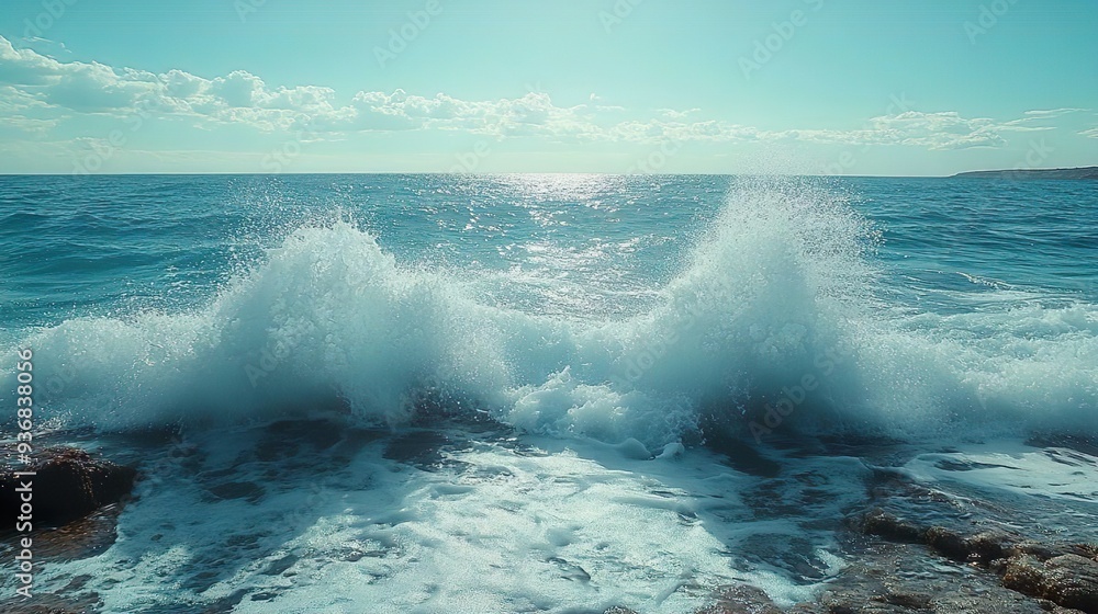 Fototapeta premium Tranquil waves hitting a rocky beach perfect for crafting serene coastal and nature-themed backgrounds