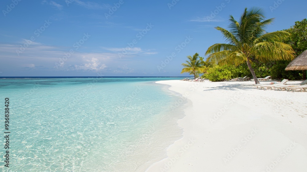 A beautiful beach with a clear blue ocean and palm trees A beautiful beach with a clear blue ocean and palm trees