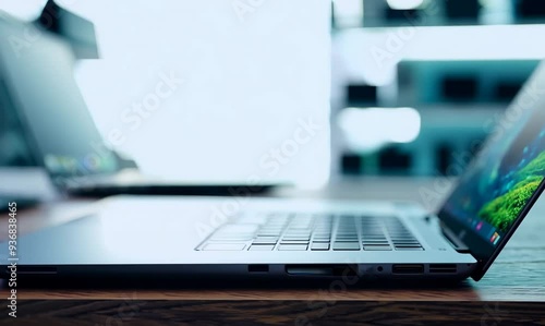 Excited Customer Using Gaming Laptop in Tech Store photo