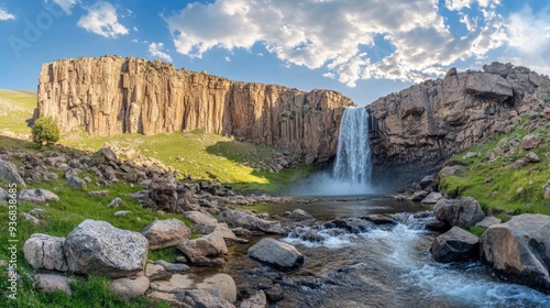 Panoramic image of Tortum (Uzundere) waterfall from down in Uzundere. Landscape view of Tortum Waterfall in Tortum,Erzurum,Turkey. Explore the world's beauty and wildlife , ai photo