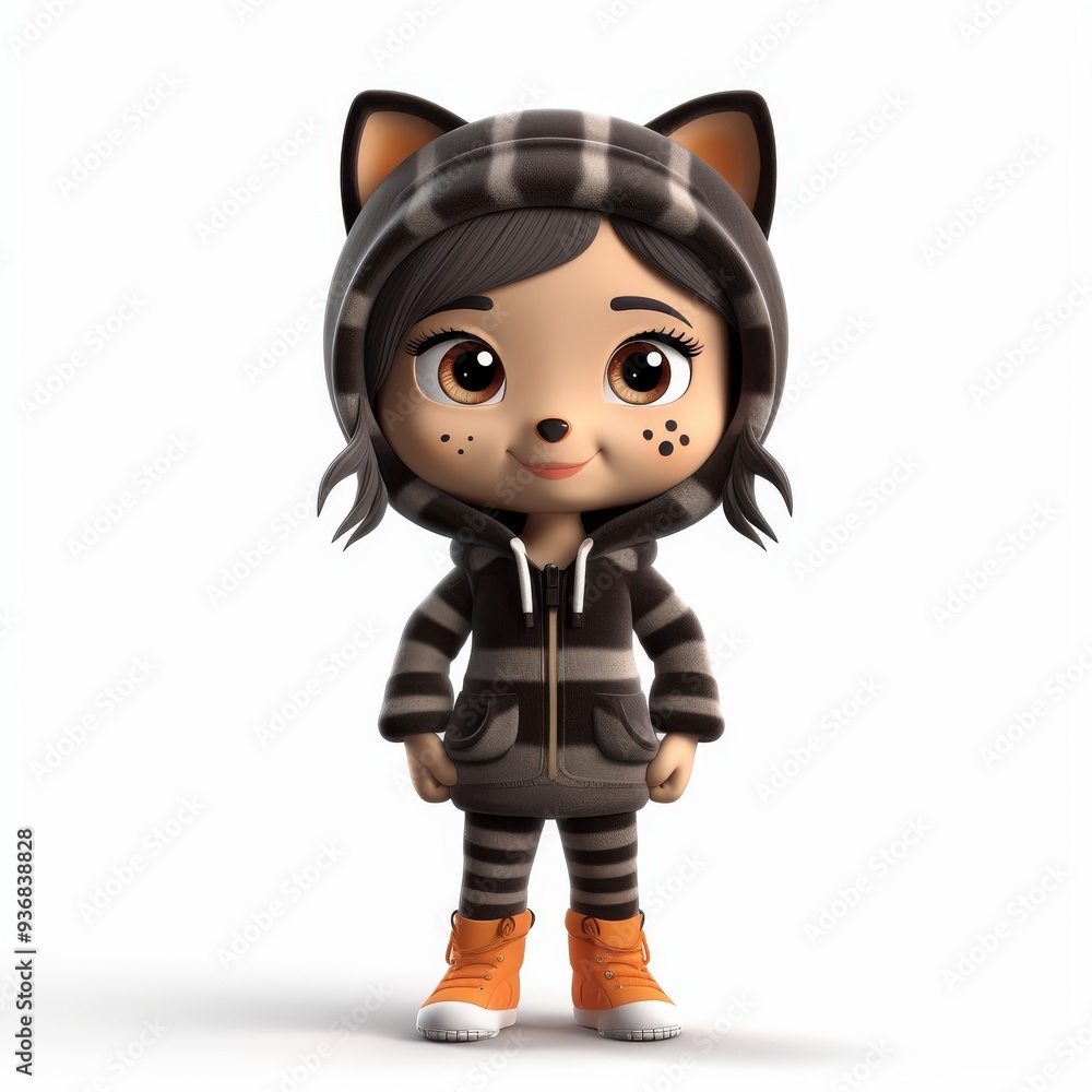 Cute Illustration of a Girl in Cat-Themed Outfit with Hoodie Ears and Striped Onesie Cute Illustration of a Girl in Cat-Themed Outfit with Hoodie Ears and Striped Onesie