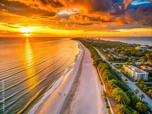 Vibrant orange hues illuminate the winding road and powdery white sand beaches of Bonita Beach, Florida, as the sun dips into the tranquil Gulf of Mexico. photo