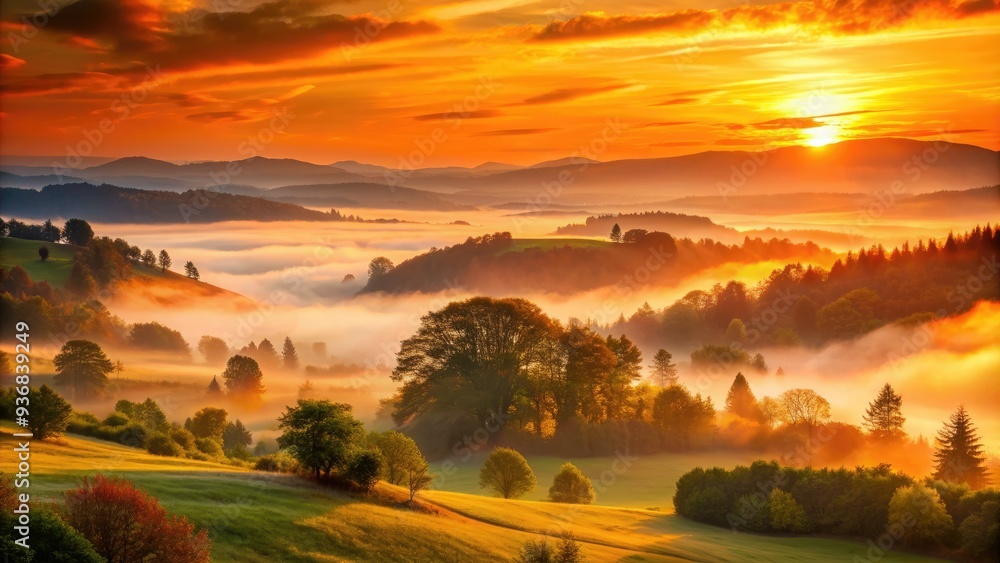 Obraz premium Vibrant orange hues illuminate a serene natural background featuring a misty sunrise over a tranquil landscape with trees and rolling hills.