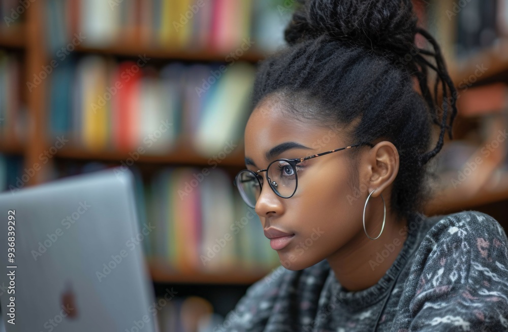 A young woman with glasses studies intently at a laptop in a cozy library, surrounded by books, embodying the essence of modern education and diligence. A young woman with glasses studies intently at a laptop in a cozy library, surrounded by books, embodying the essence of modern education and diligence.