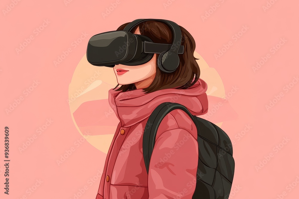 Fototapeta premium Young traveler in a warm coat exploring a snowy landscape through virtual reality experiencing the contrast of cold winter surroundings with the immersive warmth of a digital world