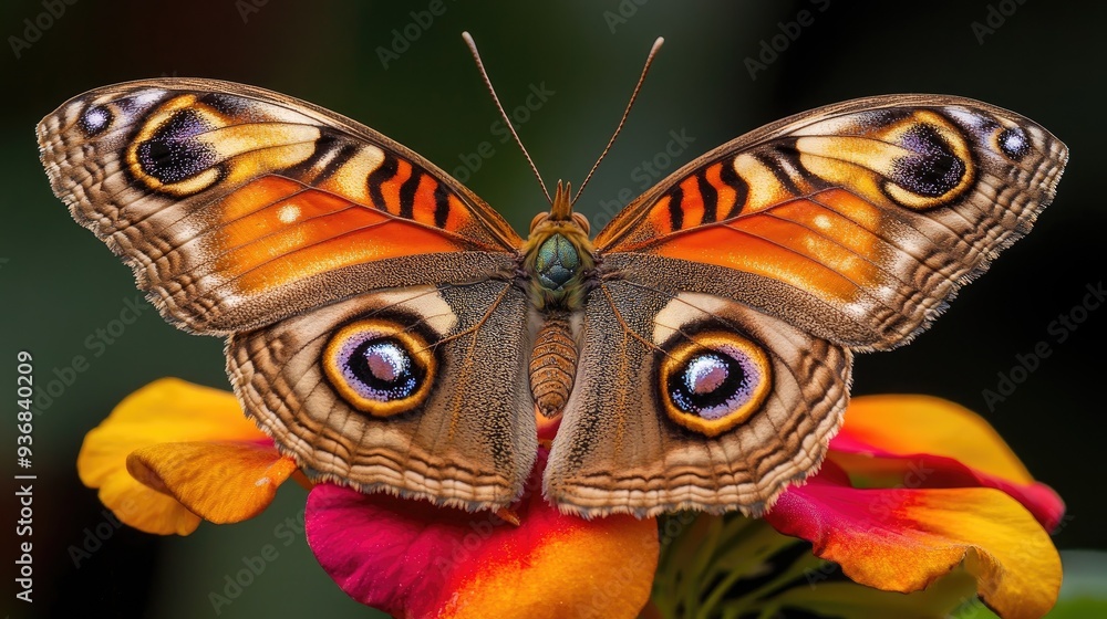 A closeup of a butterfly with intricate patterns on its wings, perched on a bright yellow and red flower. A closeup of a butterfly with intricate patterns on its wings, perched on a bright yellow and red flower.