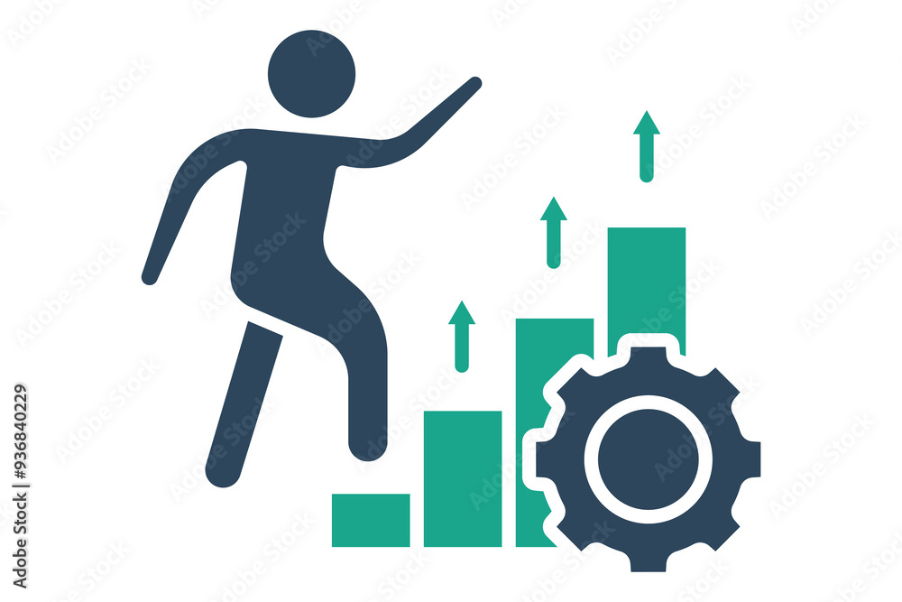 Process improvement icon. solid icon style. people climb charts and gear. icon related to efficiency. productivity elements vector illustration Process improvement icon. solid icon style. people climb charts and gear. icon related to efficiency. productivity elements vector illustration