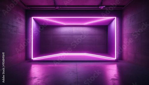 Purple neon frame on concrete wall, ai