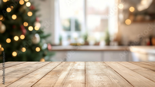 empty wooden table in the foreground. blurred background of a cozy room decorated for New Year and Christmas with large windows. cute apartment for family for christmas