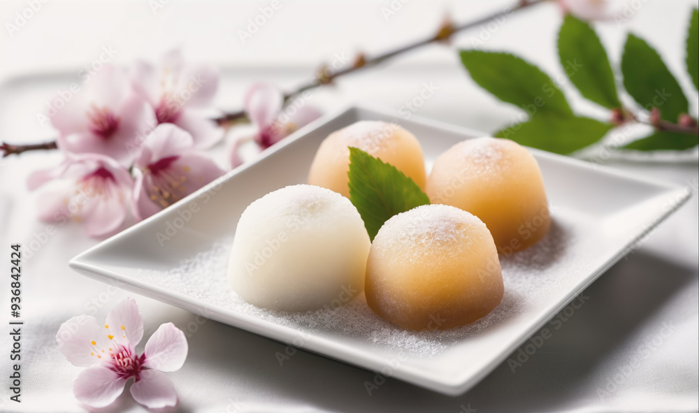 Four mochi sit on a white plate, surrounded by blossoms and a green leaf Four mochi sit on a white plate, surrounded by blossoms and a green leaf