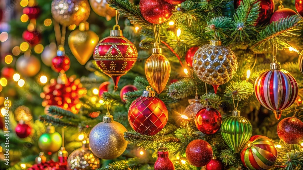 Vibrant ornaments in various shapes and sizes adorn a beautifully lit Christmas tree, showcasing a festive and joyful atmosphere during the holiday season. Vibrant ornaments in various shapes and sizes adorn a beautifully lit Christmas tree, showcasing a festive and joyful atmosphere during the holiday season.
