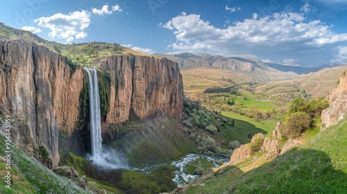 Panoramic image of Tortum (Uzundere) waterfall from down in Uzundere. Landscape view of Tortum Waterfall in Tortum,Erzurum,Turkey. Explore the world's beauty and wildlife , ai