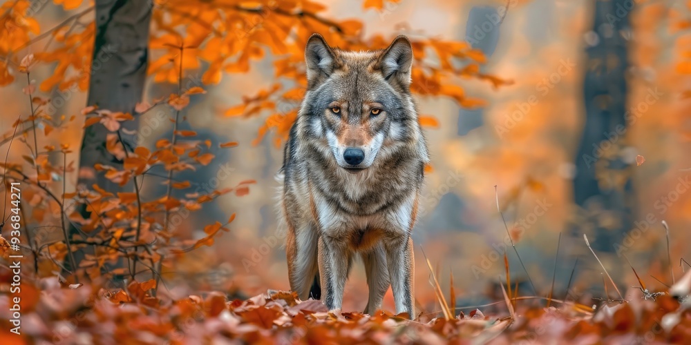 Eurasian Wolf, commonly referred to as the Gray Wolf or Timber Wolf, is scientifically classified as Canis lupus lupus and inhabits forested areas during the autumn season. Eurasian Wolf, commonly referred to as the Gray Wolf or Timber Wolf, is scientifically classified as Canis lupus lupus and inhabits forested areas during the autumn season.