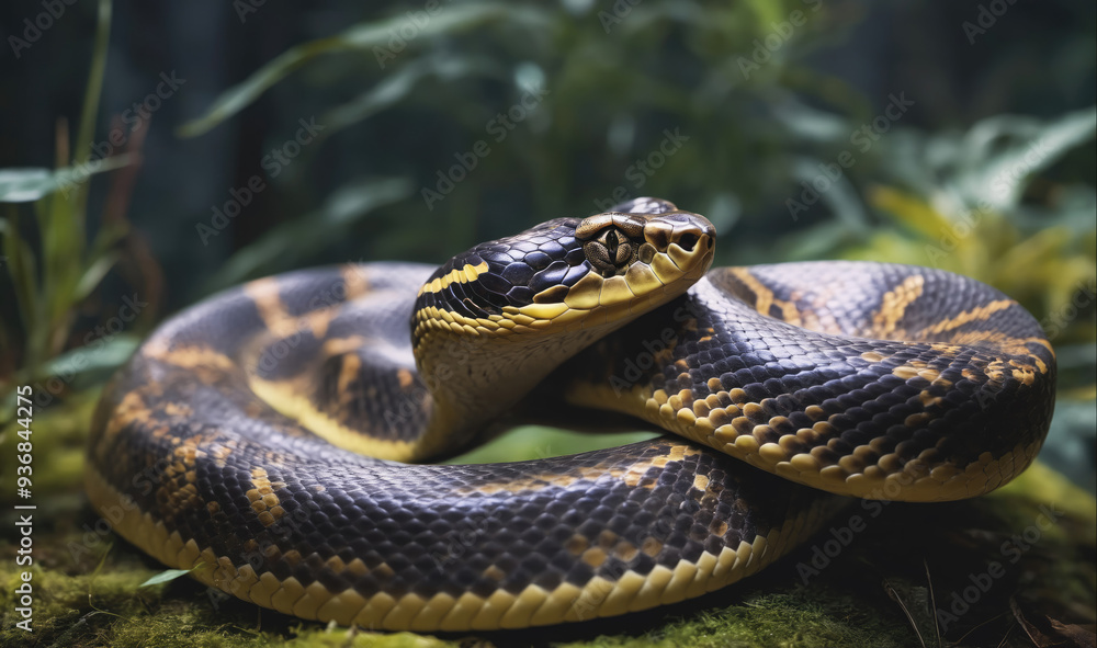 A black and yellow snake rests coiled on the ground in a jungle setting A black and yellow snake rests coiled on the ground in a jungle setting