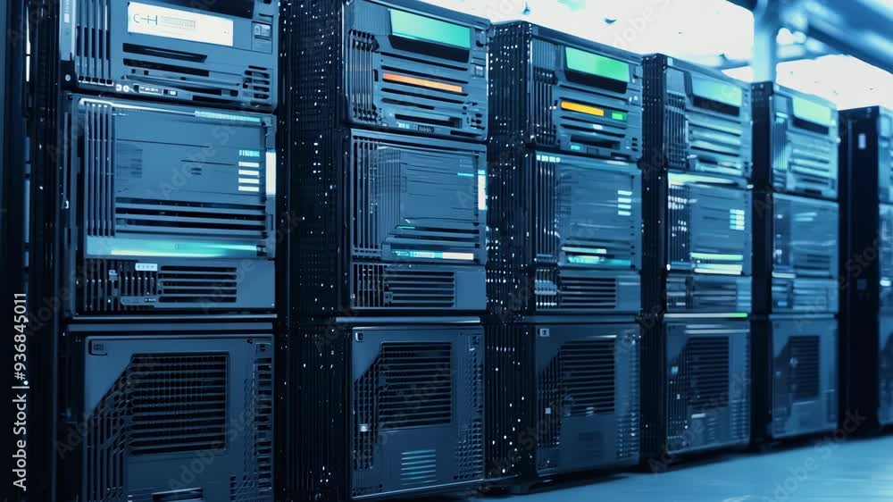 Closeup view of multiple high-performance servers in a data center during a technology showcase Closeup view of multiple high-performance servers in a data center during a technology showcase