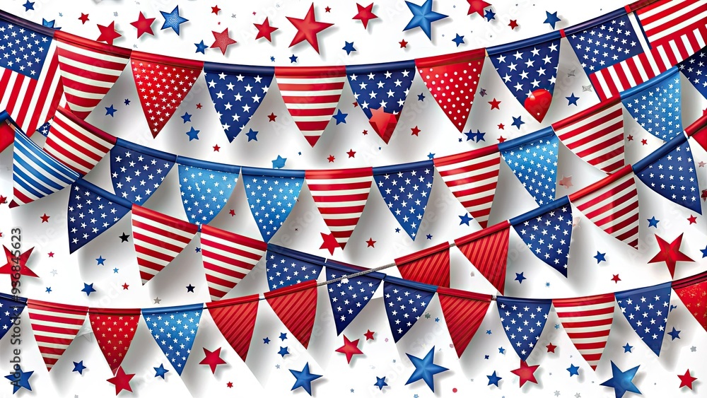 Obraz premium Vibrant patriotic banner with American flags, stars, and red-white-blue color scheme, perfect for election day events, political campaigns, and civic engagement promotional materials.