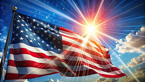 Vibrant patriotic scene featuring shimmering light rays bursting through the American flag, symbolizing freedom, hope, and patriotism on a warm sunny day. photo