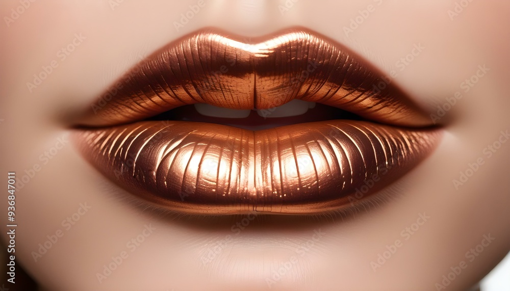 Close-up of a woman's lips with metallic copper-colored lipstick, showing a bold, glamorous makeup style