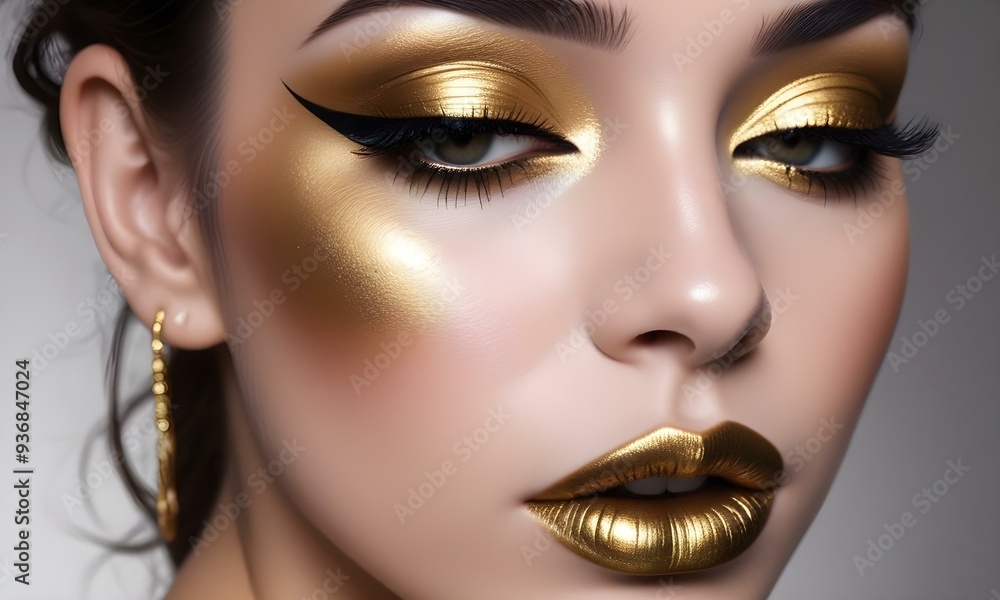 A close-up portrait of a woman with dramatic golden eye makeup, bold eyeliner , and metallic gold lips. A close-up portrait of a woman with dramatic golden eye makeup, bold eyeliner , and metallic gold lips.