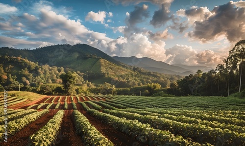 Landscape of peanuts plantation in countryside Thailand near mountain at evening with sunshine, industrial agriculture. 