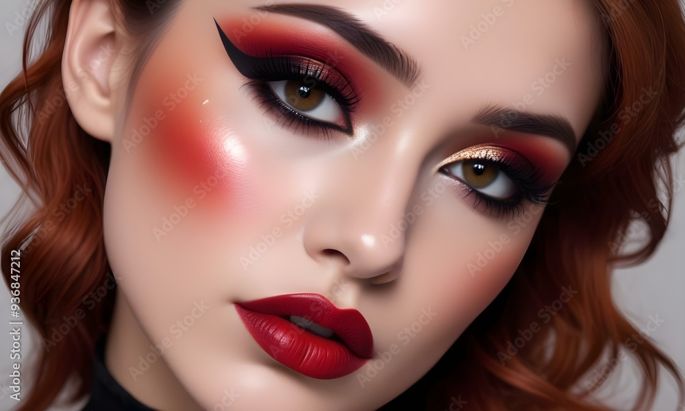 A close-up portrait of a young woman with brown hair, with dramatic red and black eye makeup and bold red lipstick A close-up portrait of a young woman with brown hair, with dramatic red and black eye makeup and bold red lipstick
