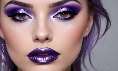 A close-up portrait of a woman with vibrant purple makeup on her eyes and lips , including bold eyeliner , eyeshadow and lipstick.