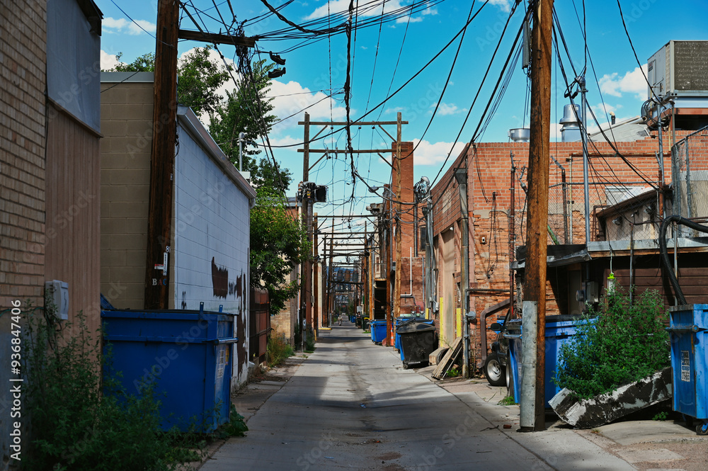 An urban alley adorned with numerous power lines stretches into the distance, flanked by a variety of blue dumpsters and aged brick buildings under a bright, clear sky. An urban alley adorned with numerous power lines stretches into the distance, flanked by a variety of blue dumpsters and aged brick buildings under a bright, clear sky.