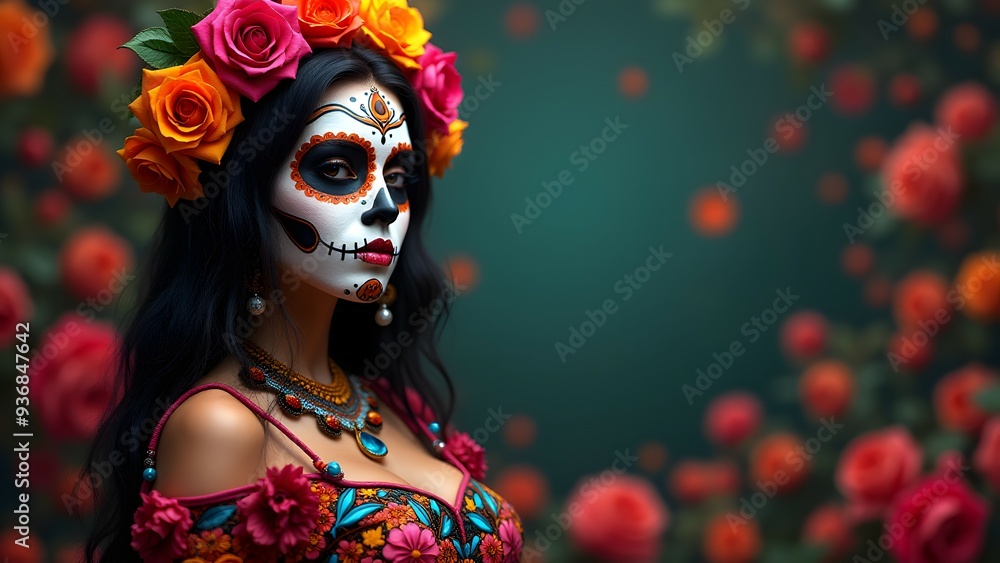 A woman in Día de los Muertos face paint and a floral crown, wearing a colorful embroidered dress, set against a blurred floral background A woman in Día de los Muertos face paint and a floral crown, wearing a colorful embroidered dress, set against a blurred floral background
