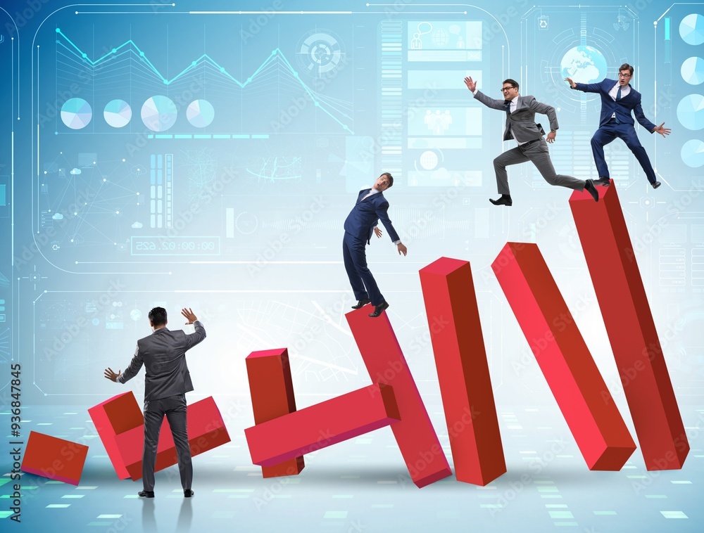 Business people in a collapsing economy concept Business people in a collapsing economy concept