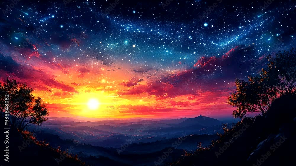 Vibrant sunset over a mountain range under a starry sky. Seamless looping 4k time-lapse animation video background. Vibrant sunset over a mountain range under a starry sky. Seamless looping 4k time-lapse animation video background.