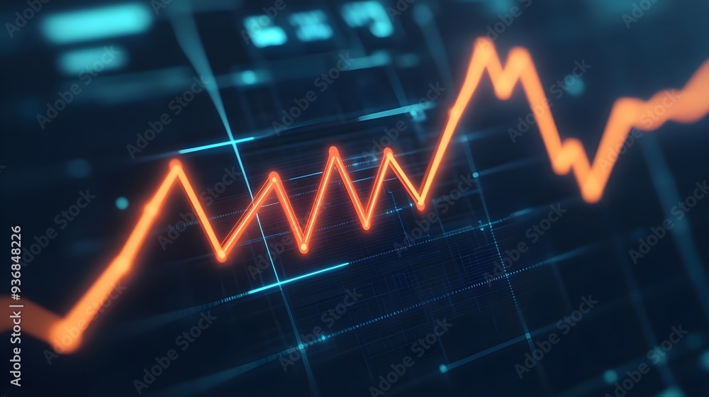 Upward Trend - Digital Orange Line Graph on Blue Background Upward Trend - Digital Orange Line Graph on Blue Background