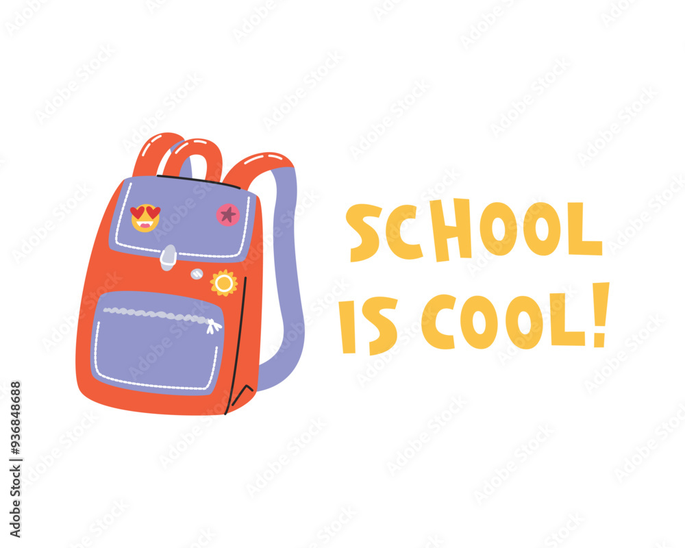 Student backpack with emoji pin badges. Colorful retro bag with short saying. Beginning of academic year concept design. Back to school lettering print isolated. Hand drawn flat vector illustration Student backpack with emoji pin badges. Colorful retro bag with short saying. Beginning of academic year concept design. Back to school lettering print isolated. Hand drawn flat vector illustration
