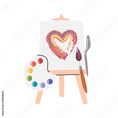 Wooden easel with canvas for art school classes. Artists equipment and tools for workshop. Painted heart shape with brush and spatula of oil or watercolor paints. Hand drawn flat vector illustration