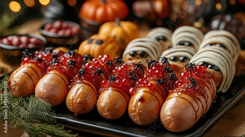 Halloween appetizers like devil eggs, mummy hot dogs, and spider bites, arranged on a spooky-themed platter, Festive, Warm Glow, Detailed photo