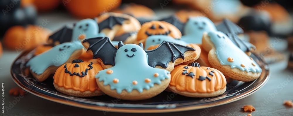 Halloween cookies shaped like bats, pumpkins, and ghosts, arranged on a spooky platter, Festive, Warm Glow, Detailed Halloween cookies shaped like bats, pumpkins, and ghosts, arranged on a spooky platter, Festive, Warm Glow, Detailed