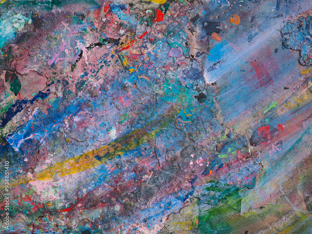 Paint smeared on the table has colorful patterns.
Paint smeared on the table has colorful patterns.