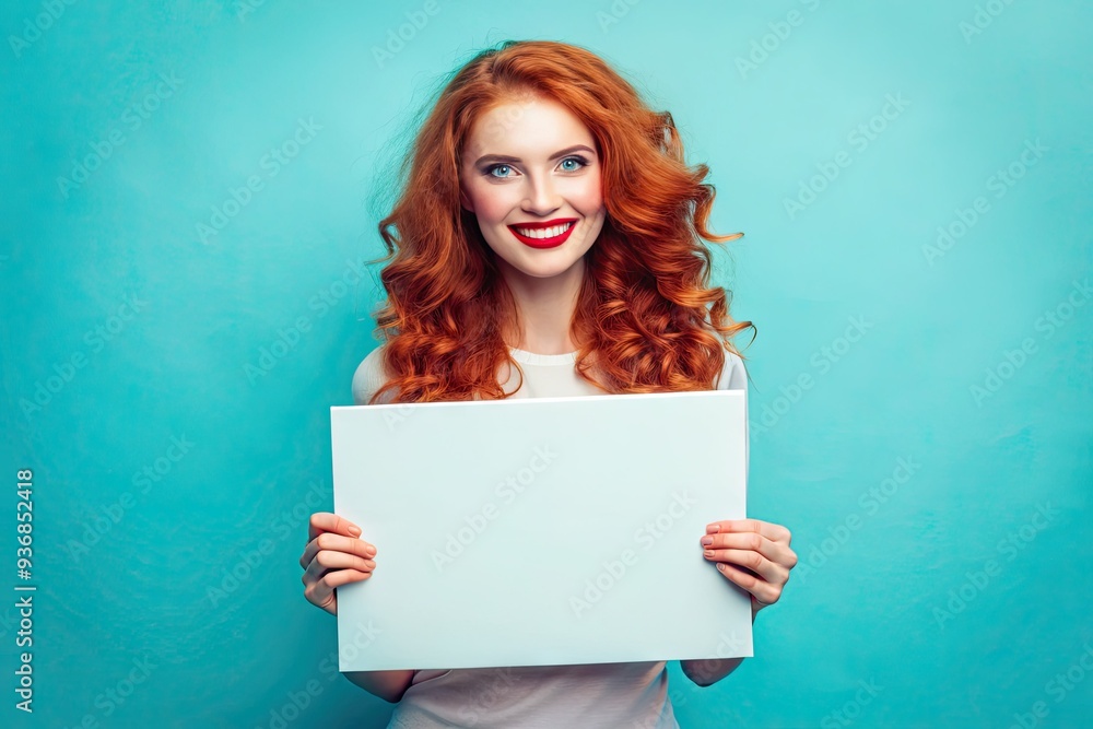 Naklejka premium Vibrant portrait of a stunning young woman with fiery red hair and bright smile, holding a blank sign against a soothing blue pastel background.