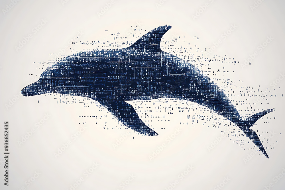 Fototapeta premium A digital illustration of a dolphin silhouette, rendered in a binary code pattern with a clean white background for a modern, tech-inspired look. 